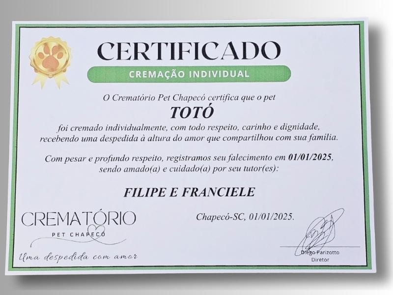 Certificado Cremação Pet